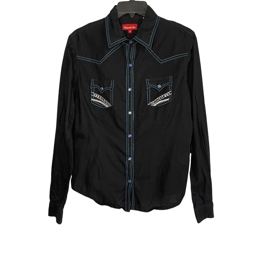 Panhandle Slim Black Blue Snap Button Down Long Seeve Shirt Size Medium